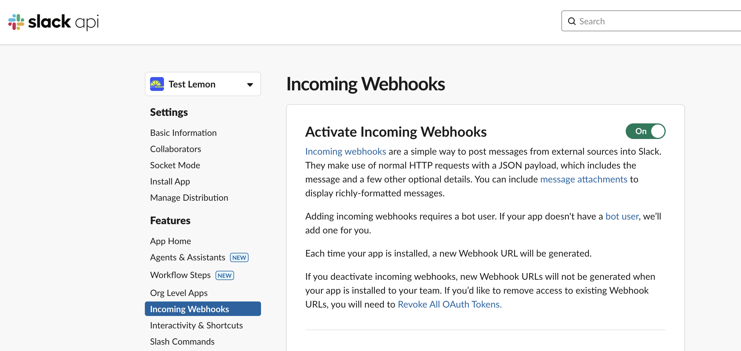 Incoming webhooks configuration in slack