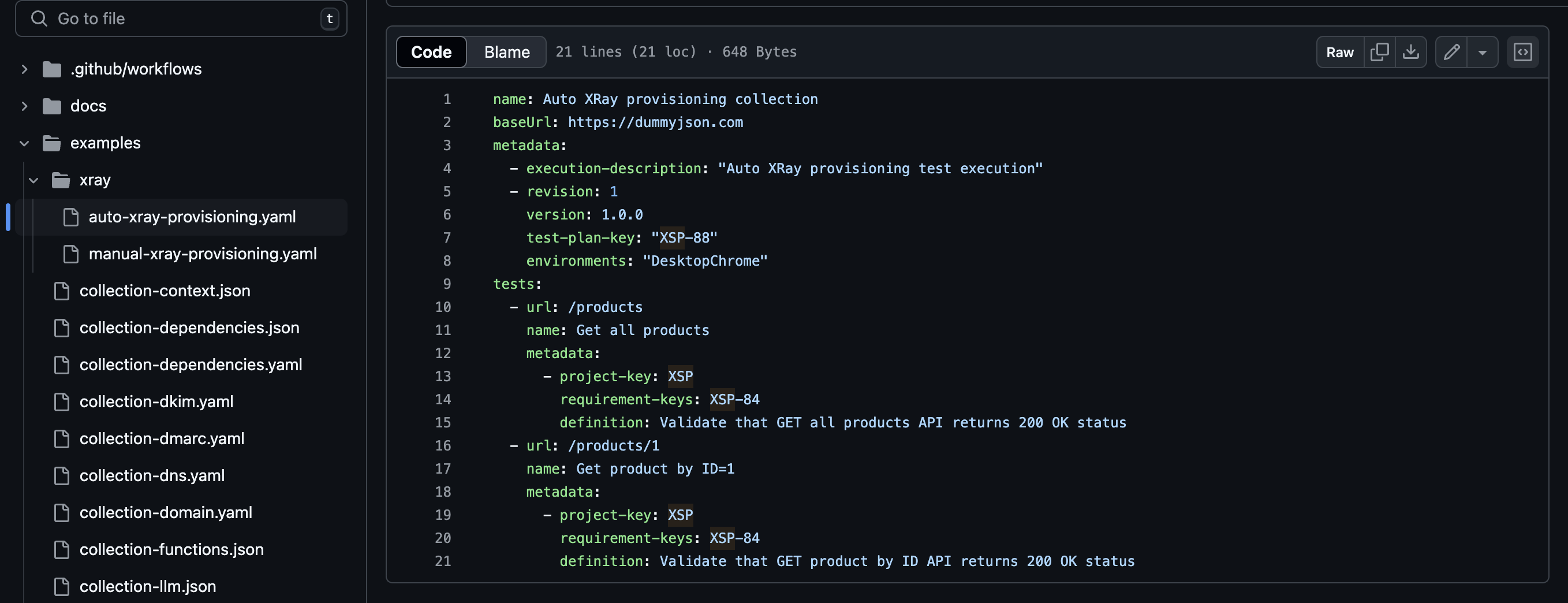 A screenshot of a Testlemon test collection in GitHub for Testlemon Jira Xray integration tutorial.