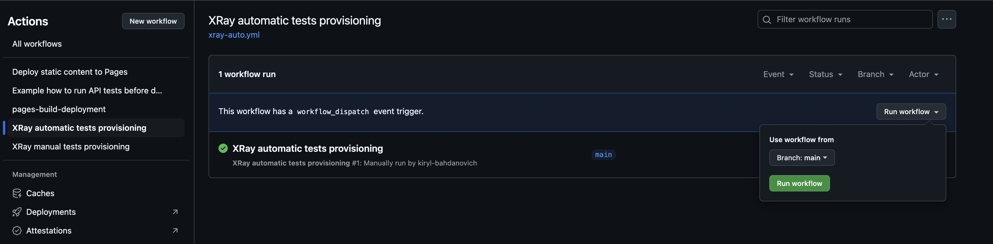 A screenshot of a GitHub pipeline trigger for Testlemon Jira Xray integration tutorial.