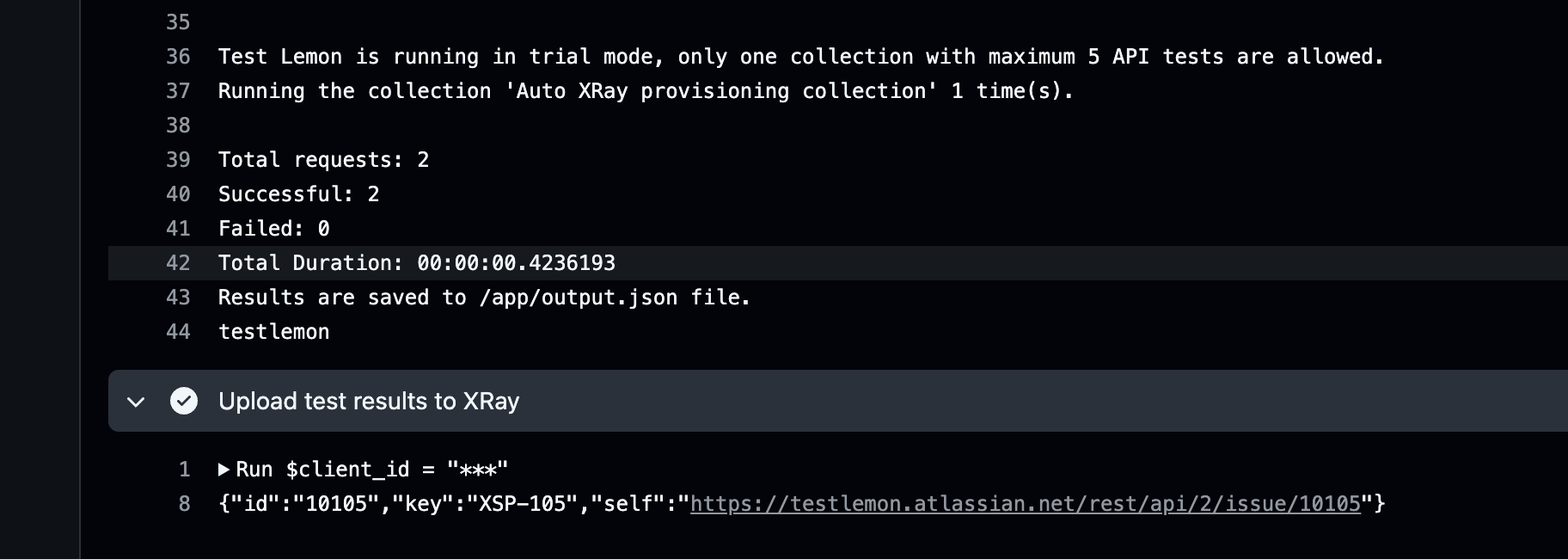 A screenshot of a GitHub Action logs of Xray report import for Testlemon Jira Xray integration tutorial.