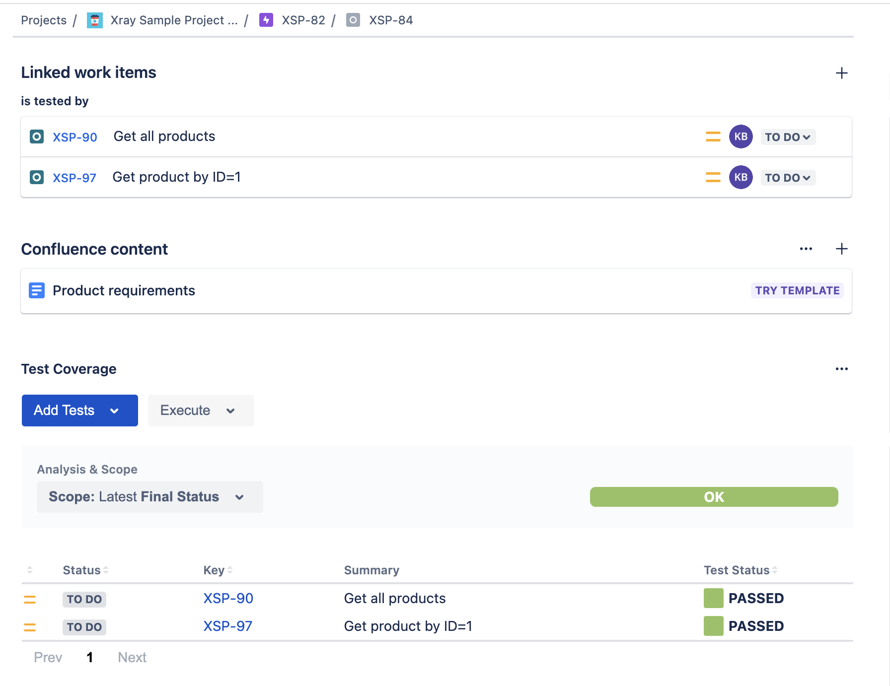 A screenshot of a Jira story with Xray test results for Testlemon Jira Xray integration tutorial.