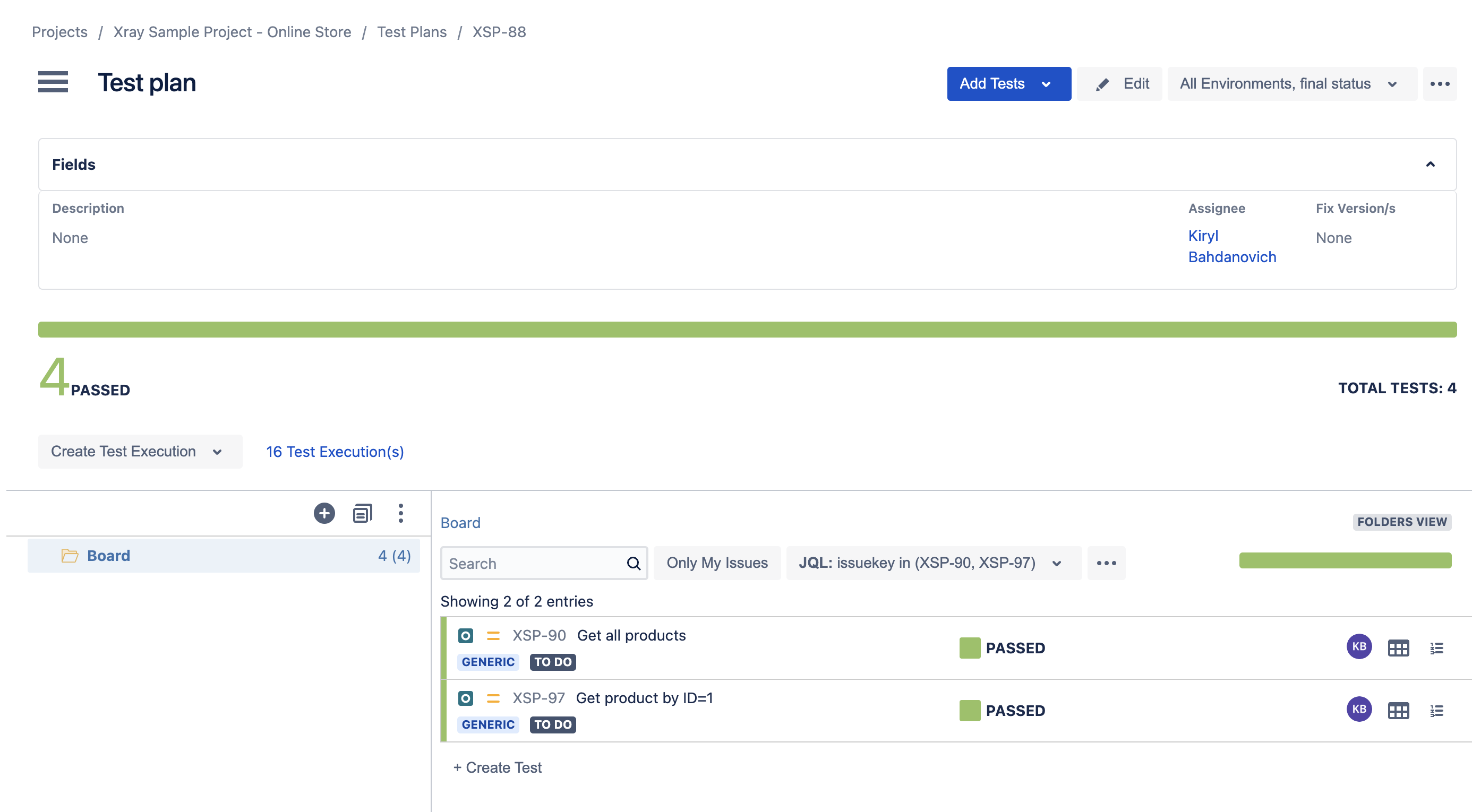 A screenshot of a Jira Test Plan with Xray test results for Testlemon Jira Xray integration tutorial.