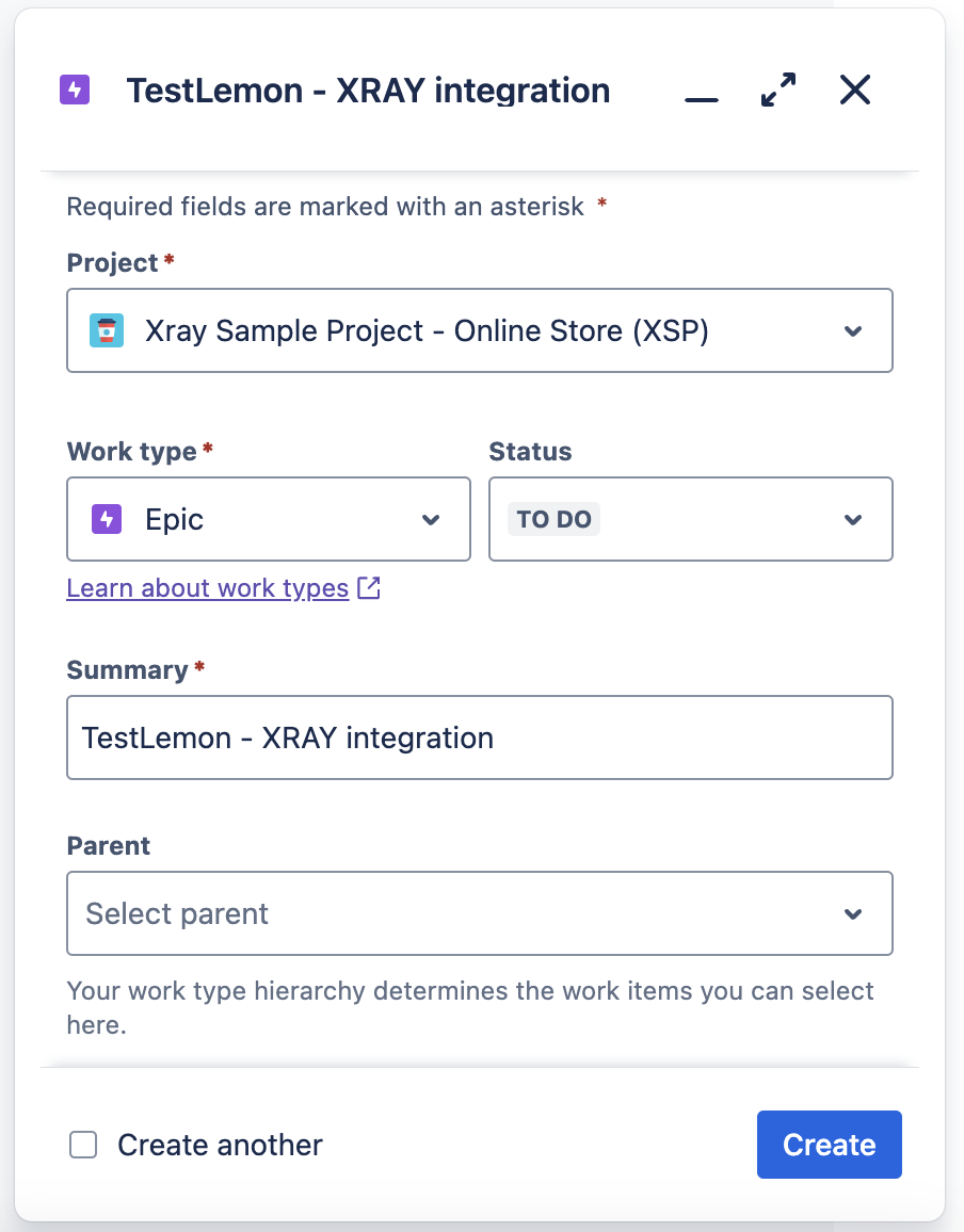 A screenshot of a Jira Epic creation for Testlemon Jira Xray integration tutorial.