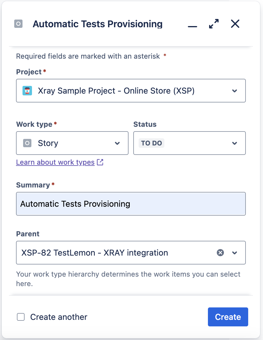 A screenshot of a Jira Story creation for Testlemon Jira Xray integration tutorial.