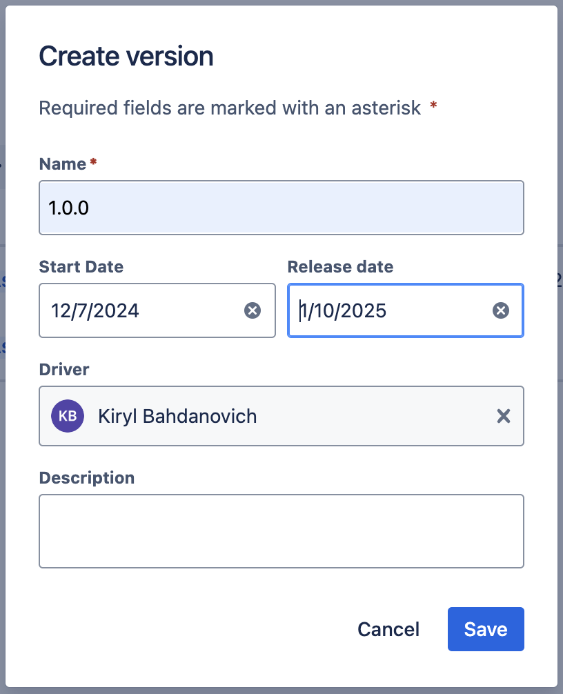 A screenshot of a Jira Version creation for Testlemon Jira Xray integration tutorial.