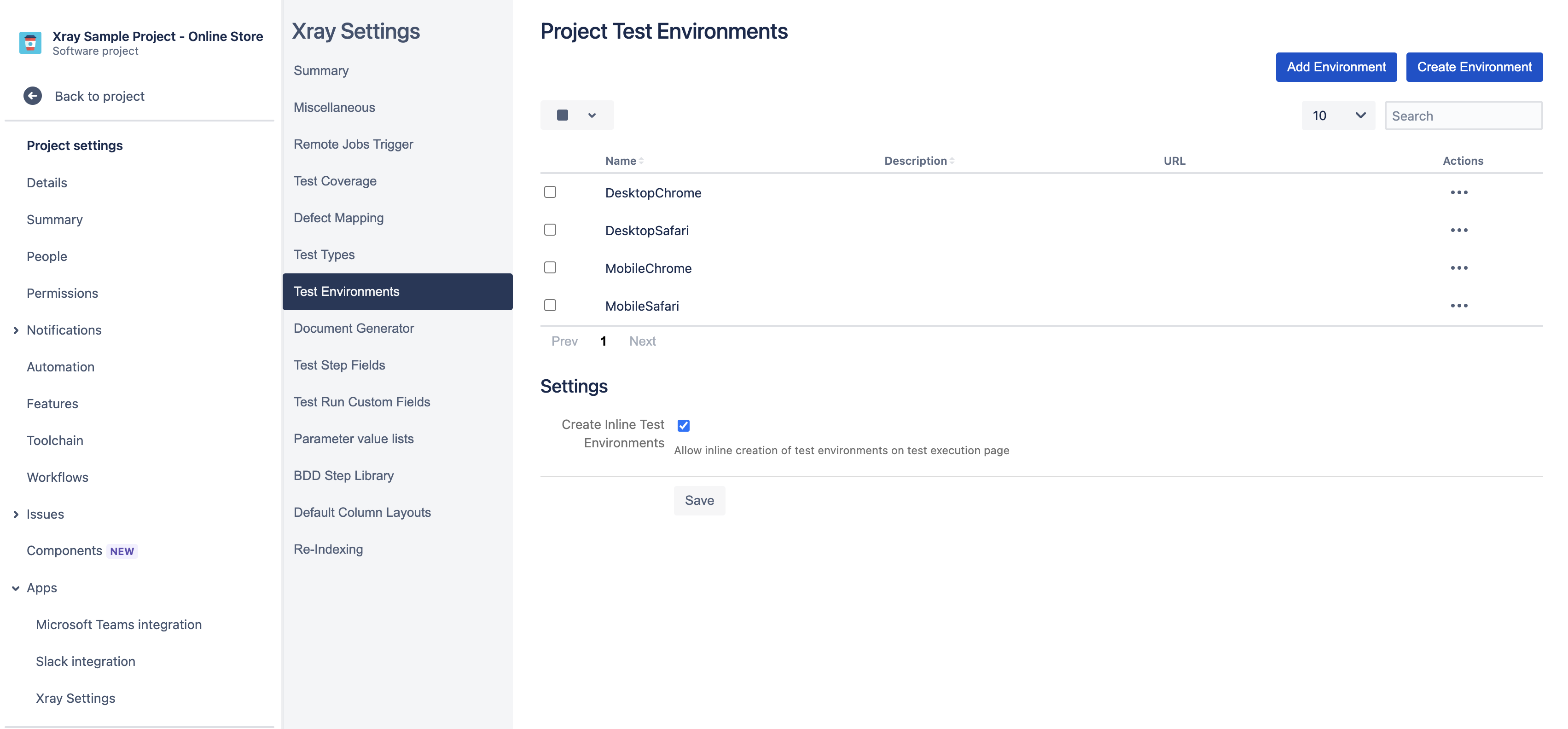 A screenshot of a Xray project test environments for Testlemon Jira Xray integration tutorial.