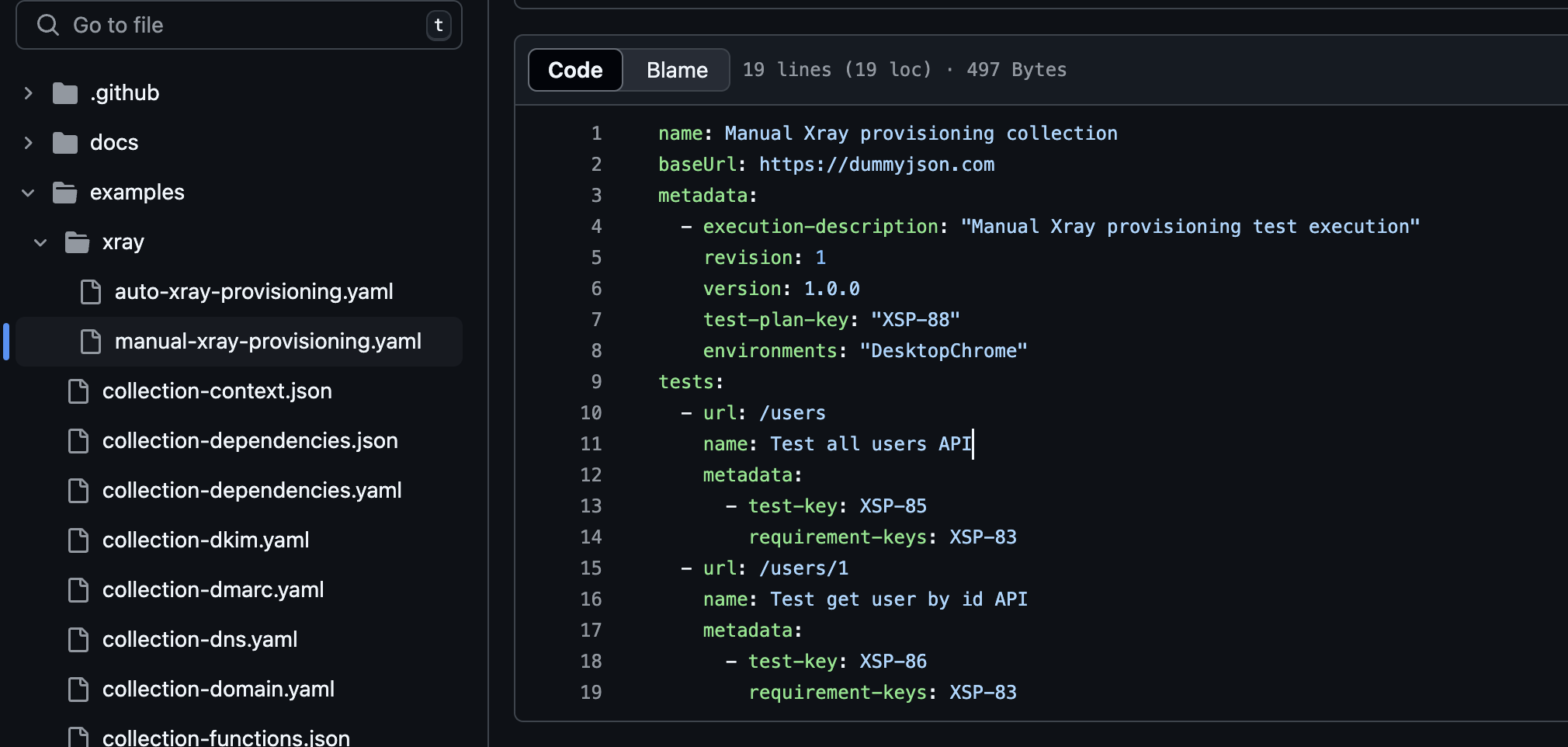 A screenshot of a Testlemon test collection in GitHub for Testlemon Jira Xray integration tutorial.