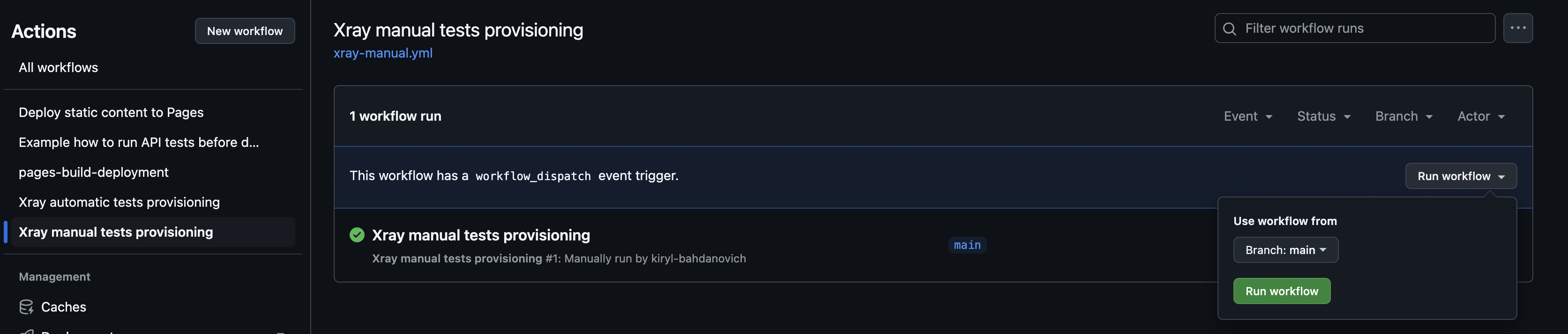 A screenshot of a GitHub pipeline trigger for Testlemon Jira Xray integration tutorial.