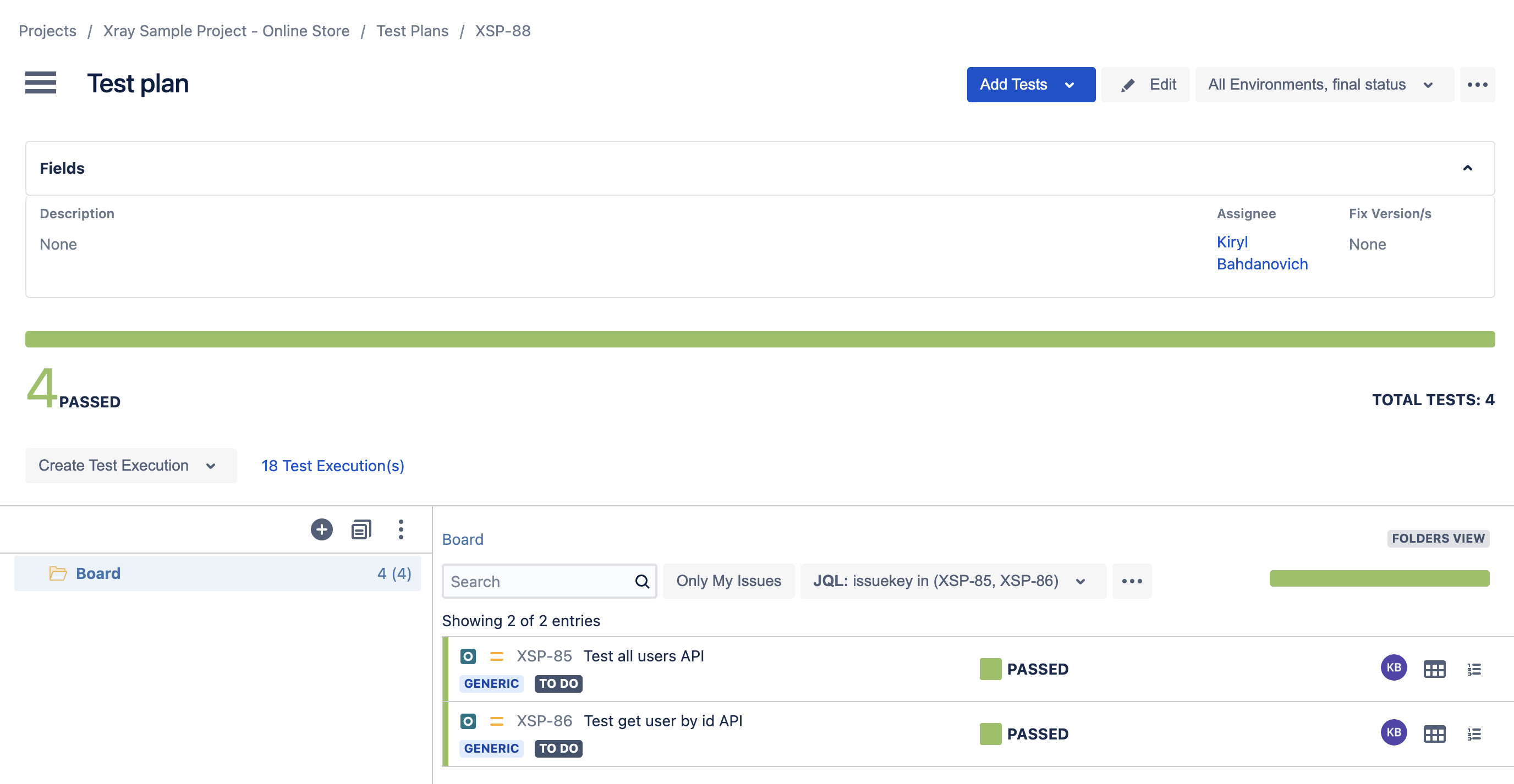 A screenshot of a Jira story with Xray test results for Testlemon Jira Xray integration tutorial.