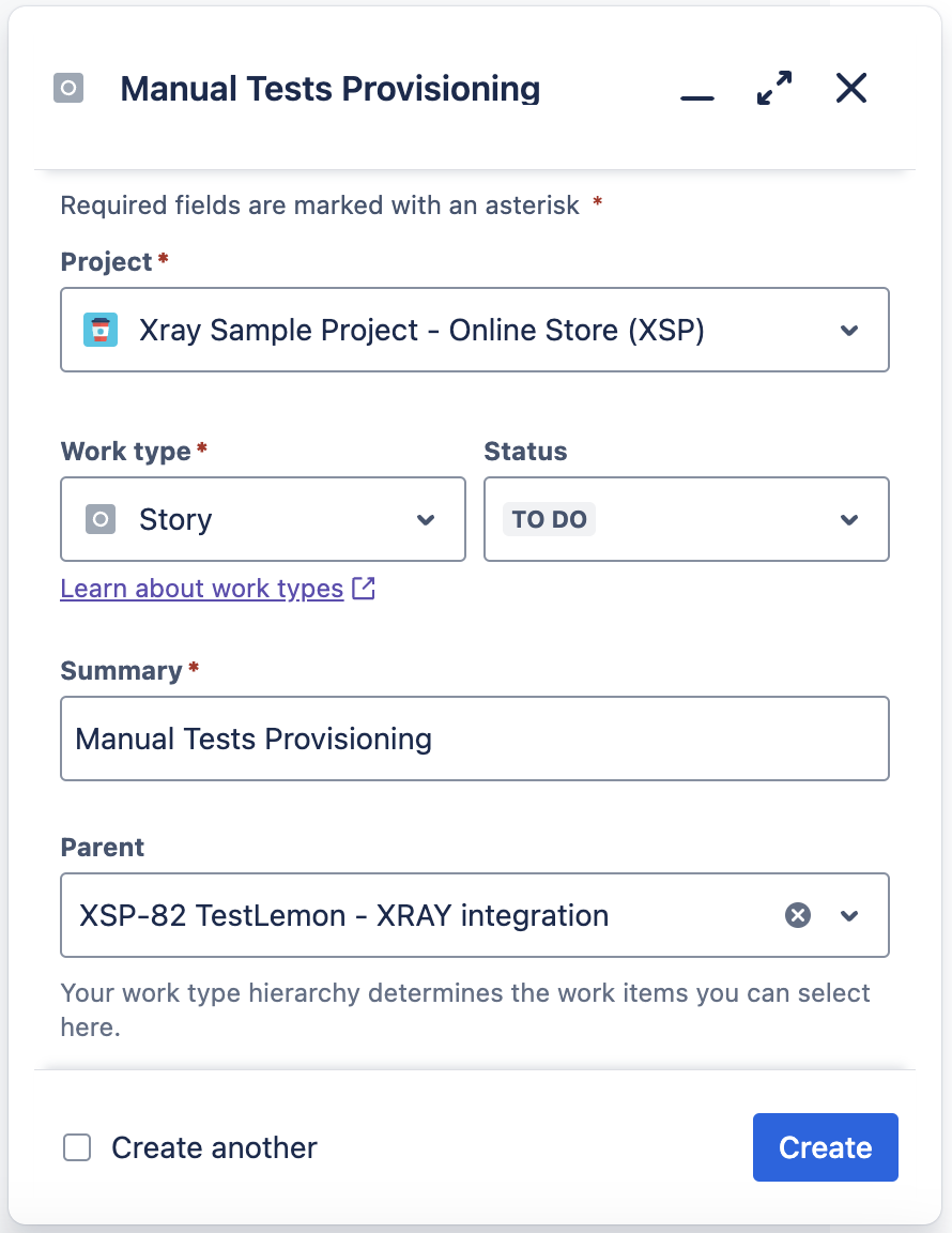 A screenshot of a Jira Story creation for Testlemon Jira Xray integration tutorial.