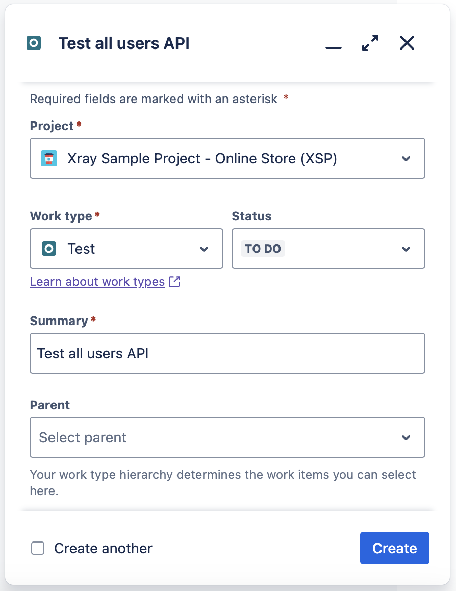 A screenshot of a Jira Test 1 creation for Testlemon Jira Xray integration tutorial.